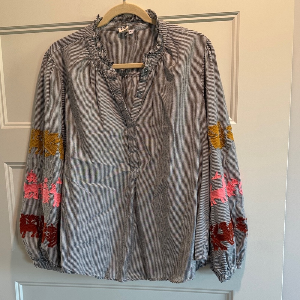 Ivy Jane Striped Blouse with Embroidered Sleeves